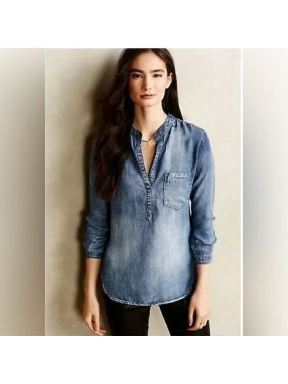 Anthropologie Cloth and Stone Chambray
Popover Henley Blouse. Size L